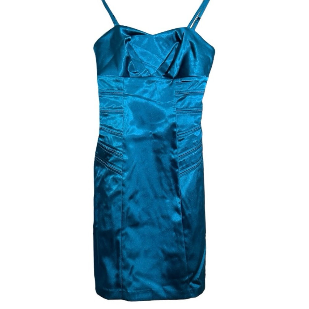 NWT A. Byer Satin Teal Cocktail Dress Pleated Bodice Size 3 | Y2K Deadstock Prom